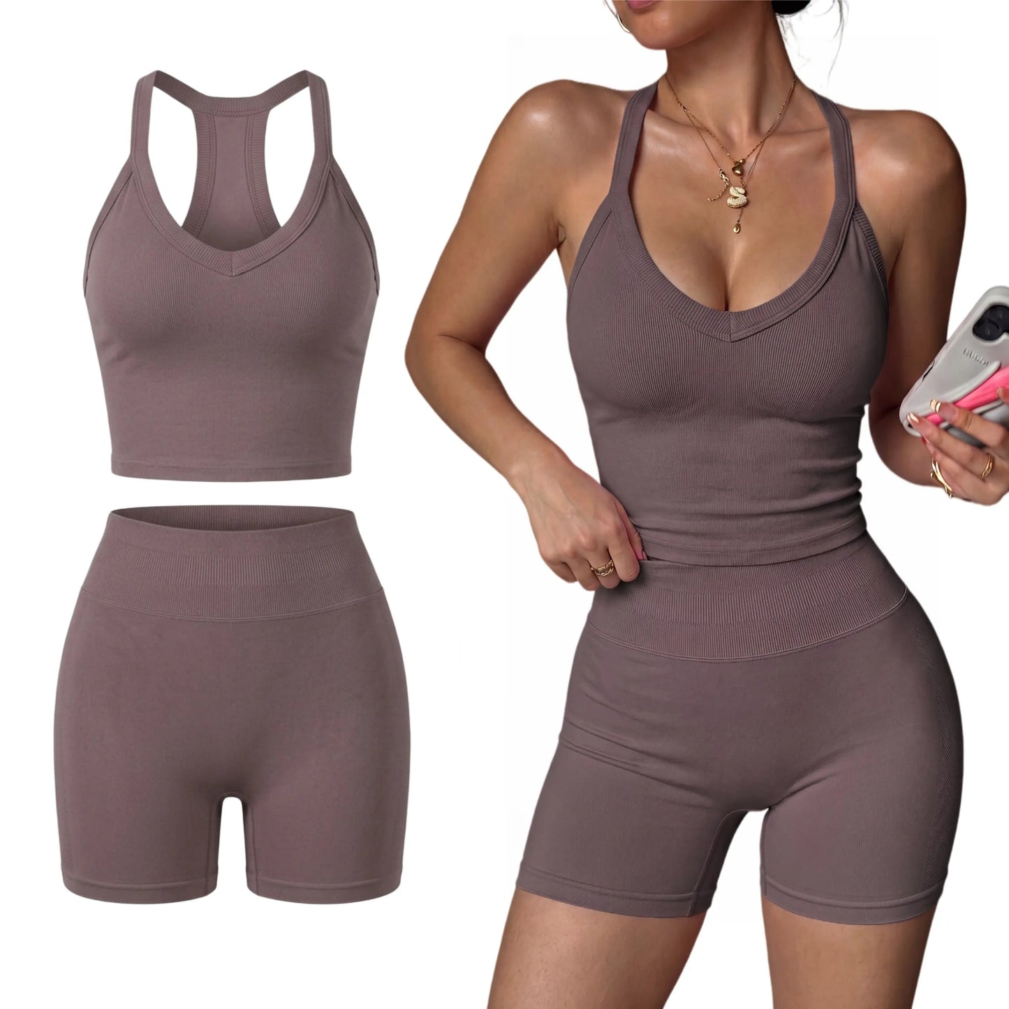 Women'S 2 Piece Yoga Outfit, Racerback Tank Top & Shorts Set, Padded Sports Bra, Sexy Back Support Workout Suit for Pilates & Outdoor Wear