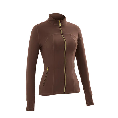 Gold Zipper Thumb Hole Yoga Jacket Women Slim Full Zip Workout Coat Zipper Pocket Fitness Activewear, Top & Leggings Separate Sale Backtoschool