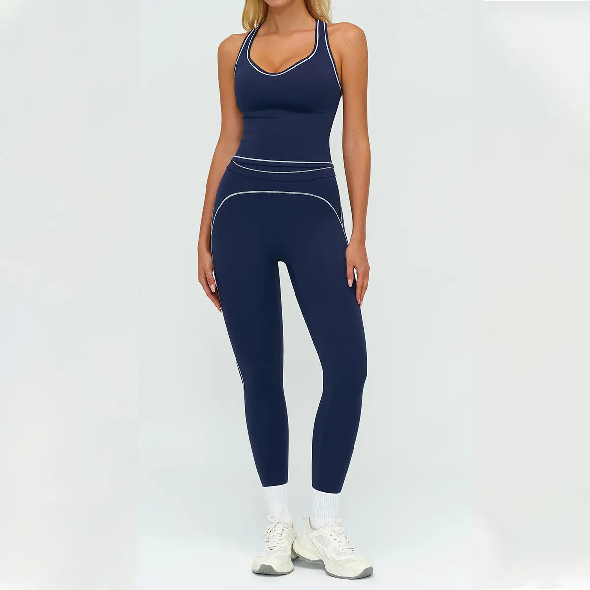 Aoqta Women'S 2-Piece Female Workout Set, V-Neck Racerback Tank Top, High Waist Butt Lifting Pants with Contrast Trim for Gym, Yoga