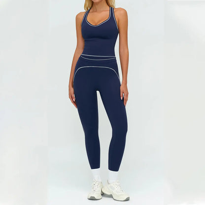 Aoqta Women'S 2-Piece Female Workout Set, V-Neck Racerback Tank Top, High Waist Butt Lifting Pants with Contrast Trim for Gym, Yoga