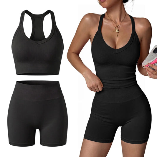 Women'S 2 Piece Yoga Outfit, Racerback Tank Top & Shorts Set, Padded Sports Bra, Sexy Back Support Workout Suit for Pilates & Outdoor Wear