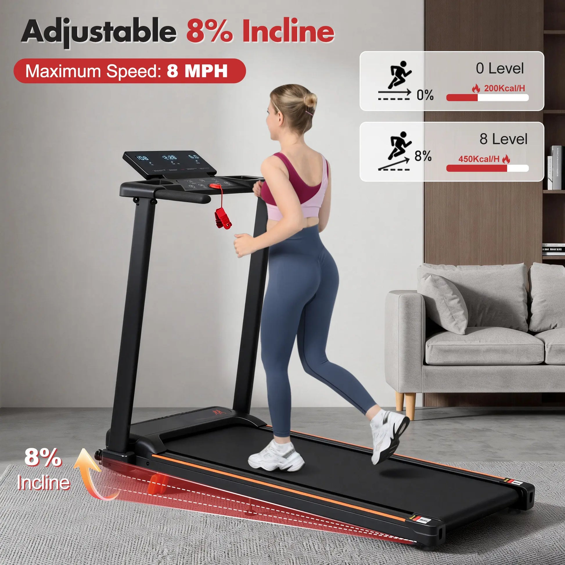 Home Treadmill - 3.0HP Folding Home Fitness Equipment with 8% Incline, Handle, 4 Adjustable Support Ft, Supports 265Lbs, Portable Workout Equipment