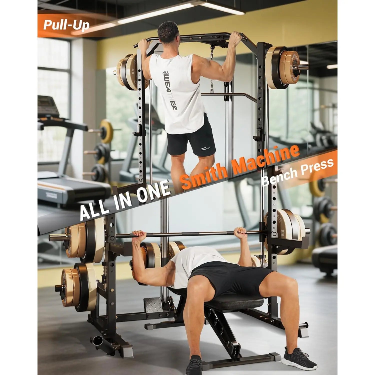 Heavy Duty Smith Machine Power Cage - Integrated Cable Pulley & Lat Pulldown System - Barbell, Safety Spotter Arms, J Hooks, Landmine - Full Body Home Gym Strength Training Equipment(2 Boxes)