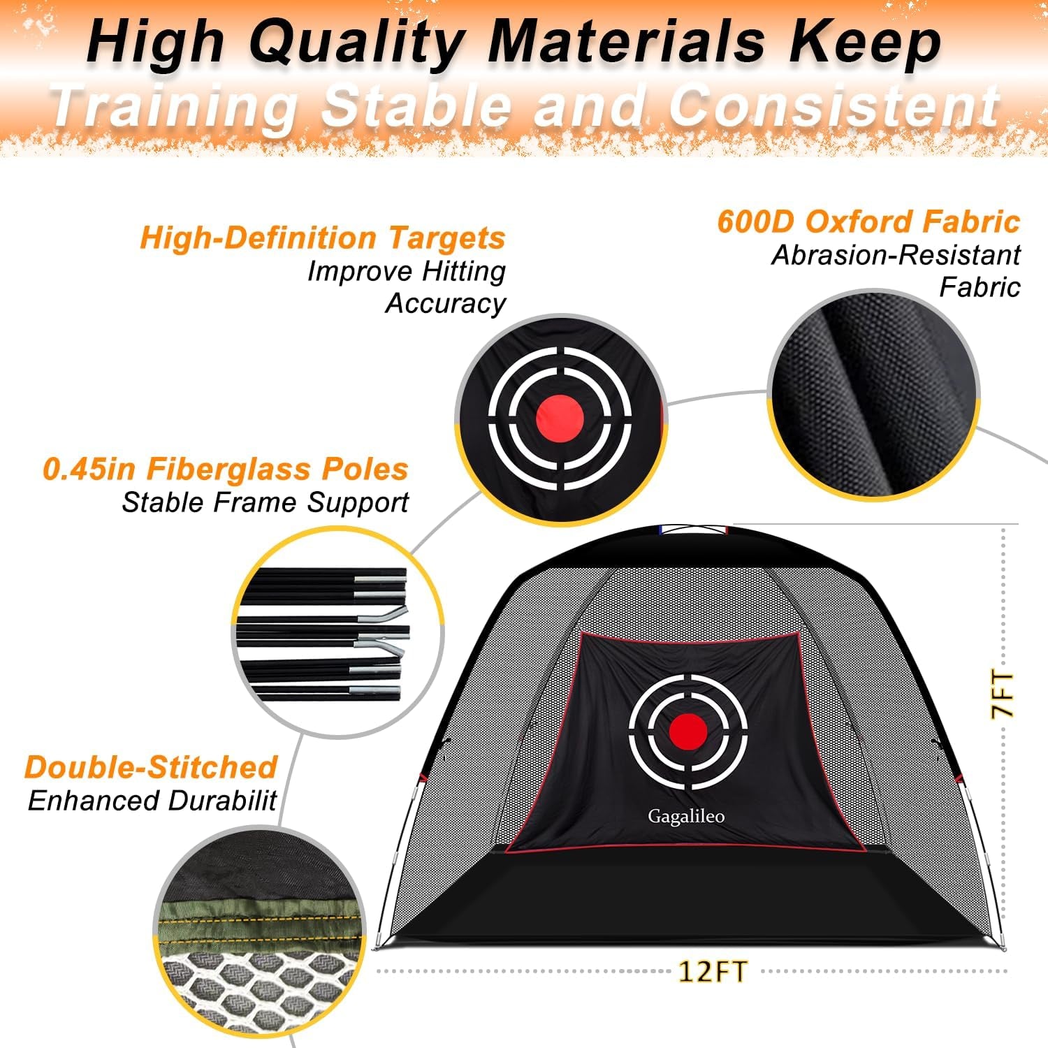 Golf Hitting Net Backyard Driving: 12X7Ft Professional Backstop with Silent Velvet Target Portable Practice for Men Dad Complete Sport Set Gift