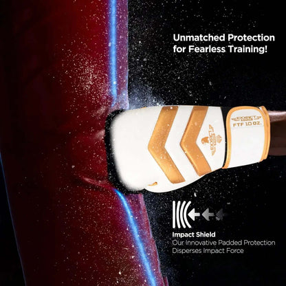 Clash Boxing Gloves for Men & Women - White/Gold Professional Sparring Gear, Heavy Punching Bag Gloves, Knuckle/Hand Numbness Prevention, Impact Duty Anti-Injury Sports Equipment, Heavy Punching Bag Sports Gloves hitting a punching bag.