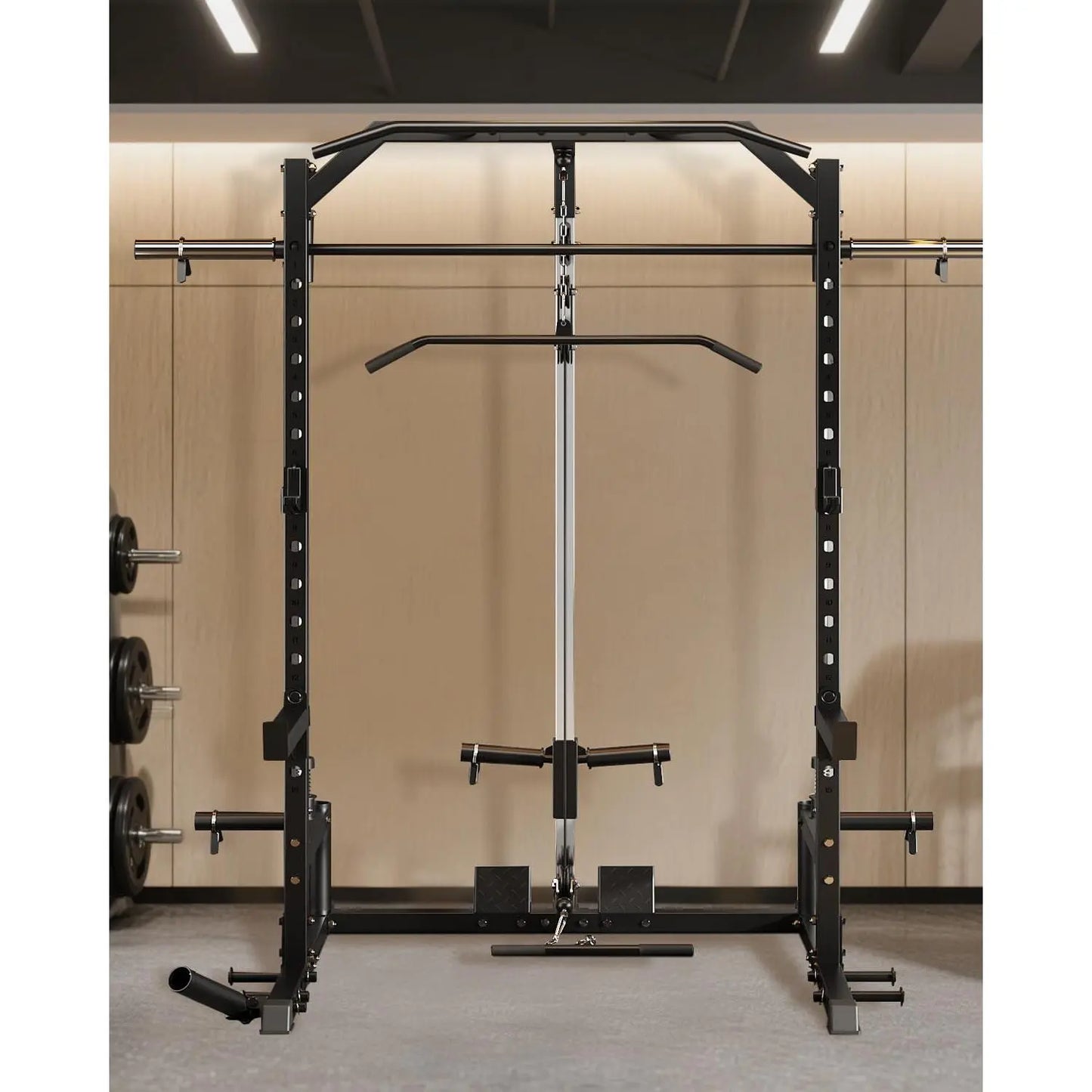 Heavy Duty Smith Machine Power Cage - Integrated Cable Pulley & Lat Pulldown System - Barbell, Safety Spotter Arms, J Hooks, Landmine - Full Body Home Gym Strength Training Equipment(2 Boxes)