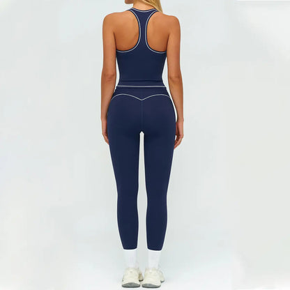 Aoqta Women'S 2-Piece Female Workout Set, V-Neck Racerback Tank Top, High Waist Butt Lifting Pants with Contrast Trim for Gym, Yoga