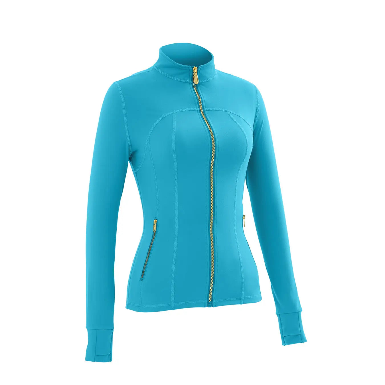 Gold Zipper Thumb Hole Yoga Jacket Women Slim Full Zip Workout Coat Zipper Pocket Fitness Activewear, Top & Leggings Separate Sale Backtoschool