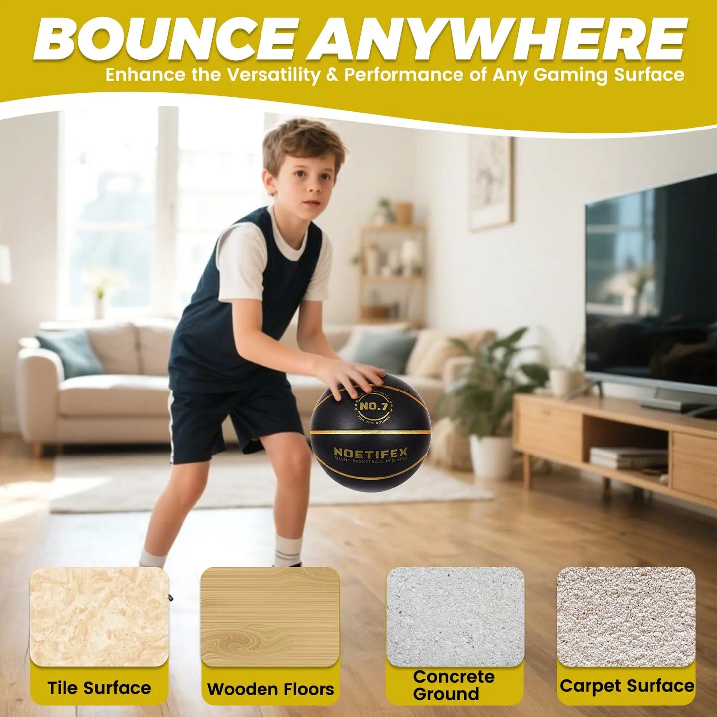 Silent Basketball Pro Max No.7 Black Gold High Density Quiet Training Ball with Real Bounce for Apartment Home Practice