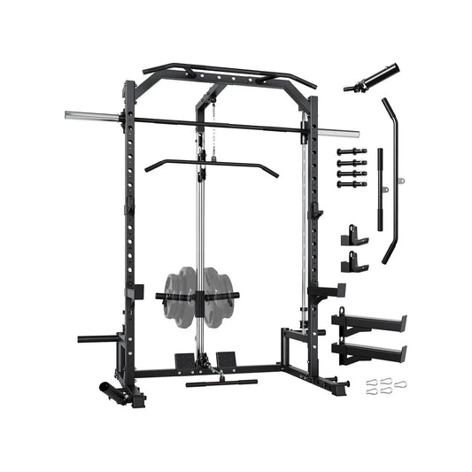 Heavy Duty Smith Machine Power Cage - Integrated Cable Pulley & Lat Pulldown System - Barbell, Safety Spotter Arms, J Hooks, Landmine - Full Body Home Gym Strength Training Equipment(2 Boxes)