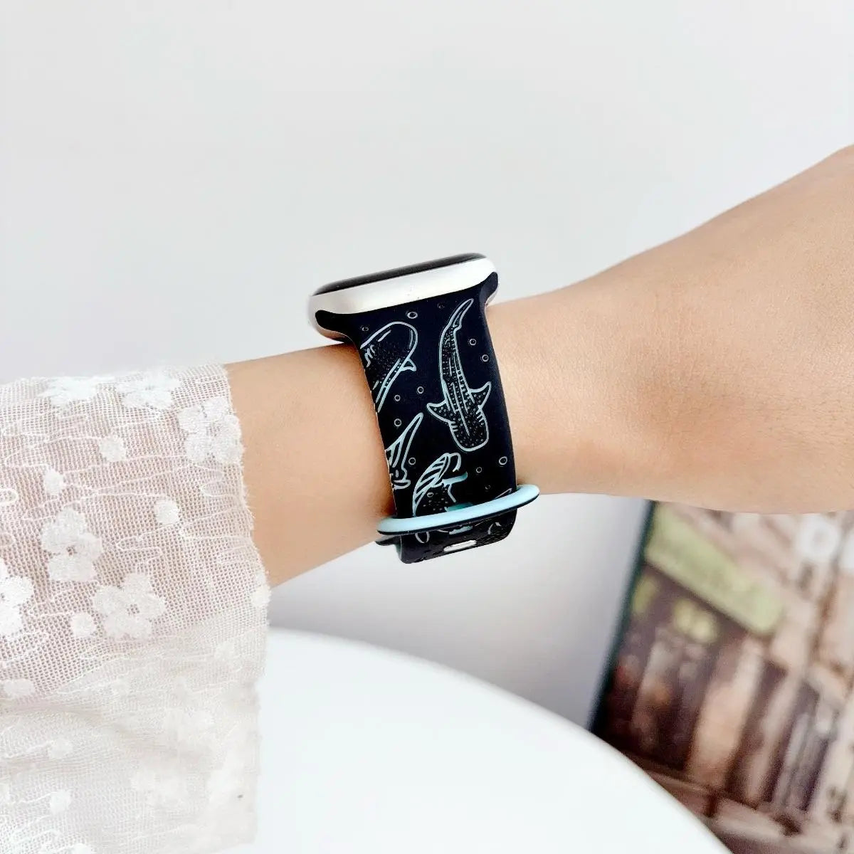 Ocean Whale Shark Dolphin Silicone Strap for Apple Watch Ultra Series 1-11 SE, Black Base Marine Animal Printed Sport Watch Band, Adjustable Lightweight Summer Beach Wrist Accessory Smartwatch Compatible Bands Tiktokshopbacktoschool