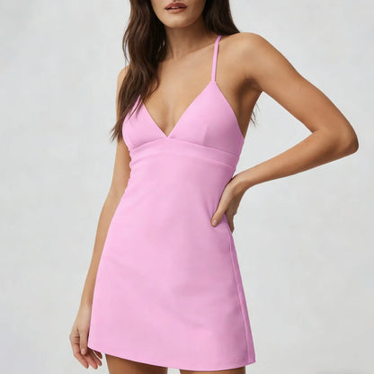 Women'S V-Neck Spaghetti Strap Sports Tennis Dress – Breathable, Flowy Golf & Fitness Dress with Built-In Anti-Exposure Shorts