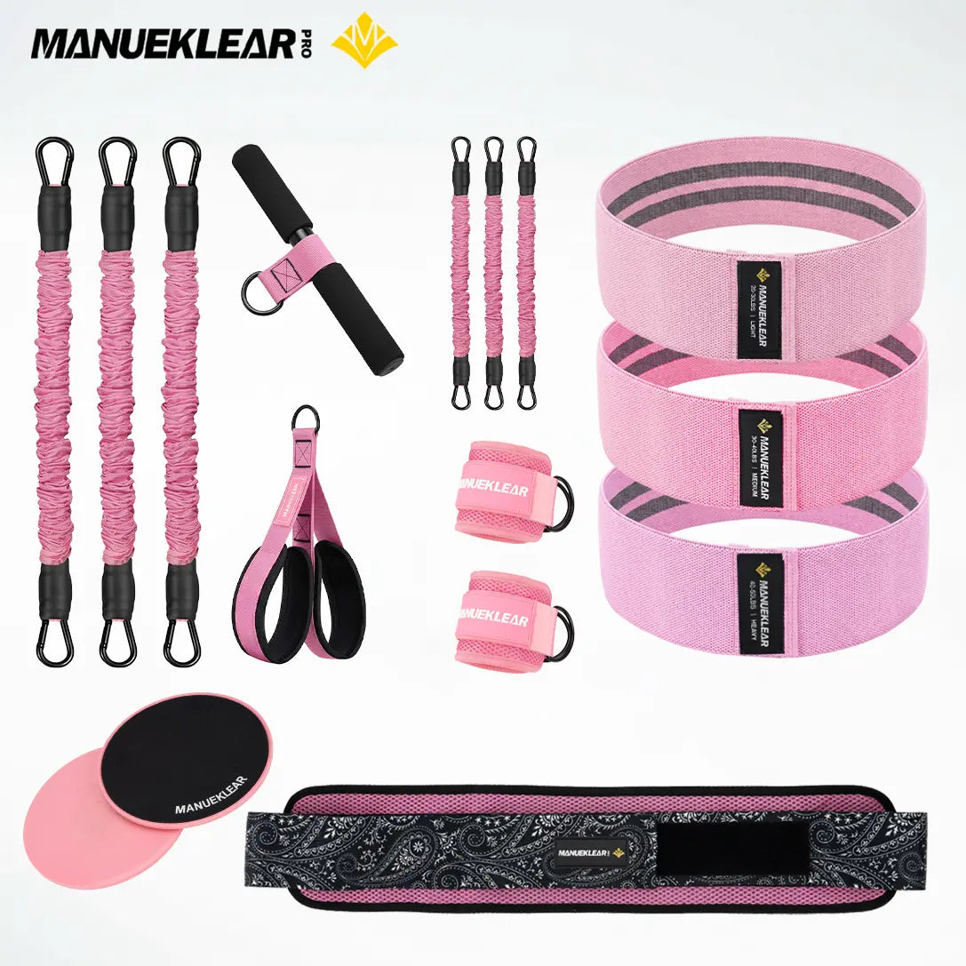 MANUEKLEAR Women'S 5-In-1 Home Fitness Gym Strap Set, Upgraded 3-Tube Pedal Resistance Bands with Handles, Adjustable Tension Ropes, Hip Thrust Belt, Ankle Straps, Glute Bands, Sliding Discs for ABS Waist Training