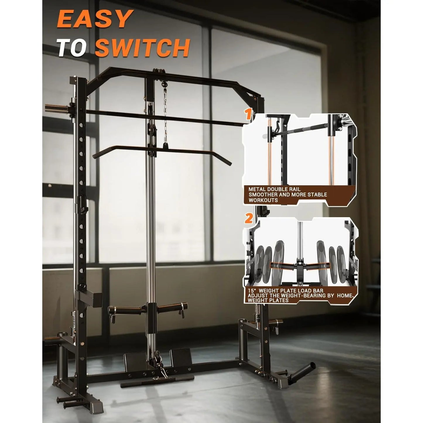 Heavy Duty Smith Machine Power Cage - Integrated Cable Pulley & Lat Pulldown System - Barbell, Safety Spotter Arms, J Hooks, Landmine - Full Body Home Gym Strength Training Equipment(2 Boxes)