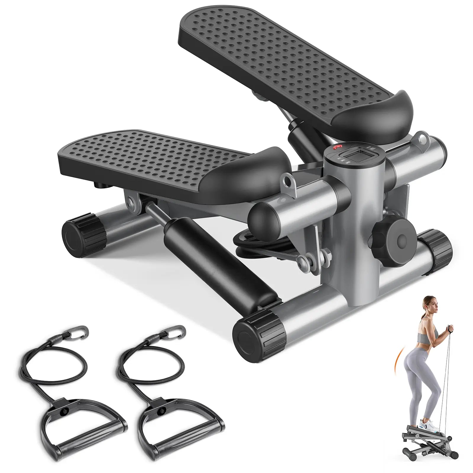 Mini Stair Stepper for Home Workout, Compact Fitness Stepper with Resistance Bands, LCD Monitor, Adjustable Height, Non-Slip Oversized Pedals, 300 LBS Capacity, for Abs, Waist, Thighs and Buttocks Training