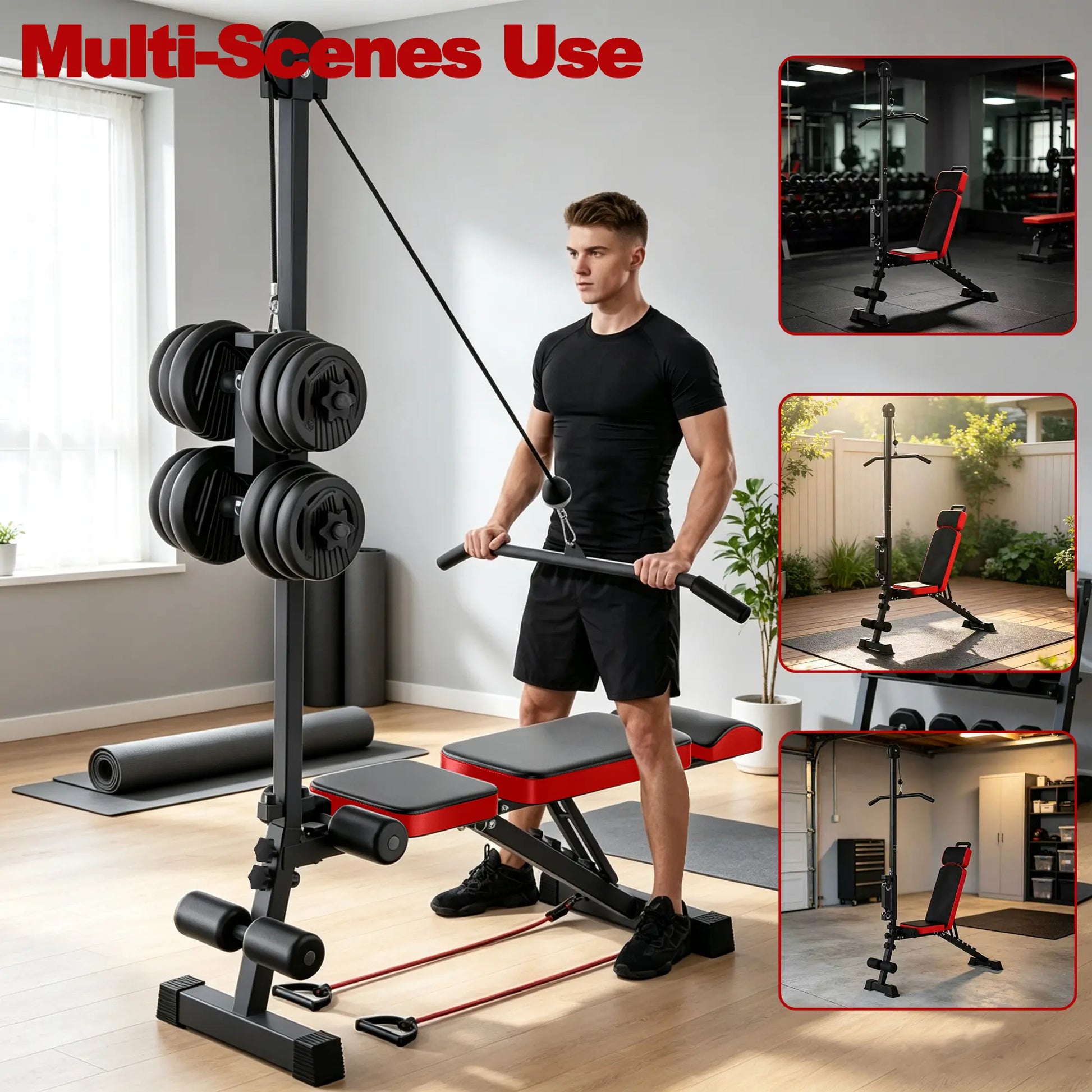 SAVEYOUR Multi-Functional Weight Bench with Pulley System and Adjustable Backrest Foldable Full Body Home Gym Strength Training Equipment