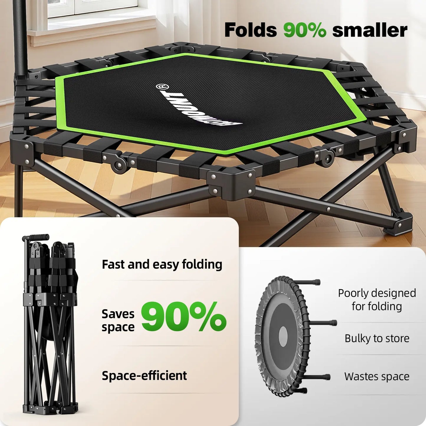 EAST MOUNT 42" Folding Fitness Trampoline for Adults, Foldable Mini Trampoline with Handle, Exercise Rebounder, Small Trampoline for Adults, Max Load 440Lbs, for Indoor Garden Workout