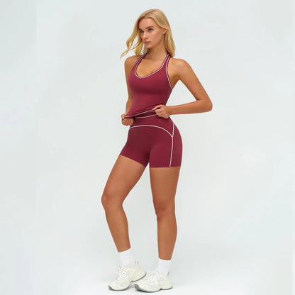 JGS1996 Women'S 2-Piece Activewear Clothing Sets – Contrast Trim Crop Sports Bra & High Waist Skinny Gym Shorts, High Stretch Breathable Quick Dry Tracksuit with Spaghetti Strap Backless Design for Yoga Workout Summer All Seasons