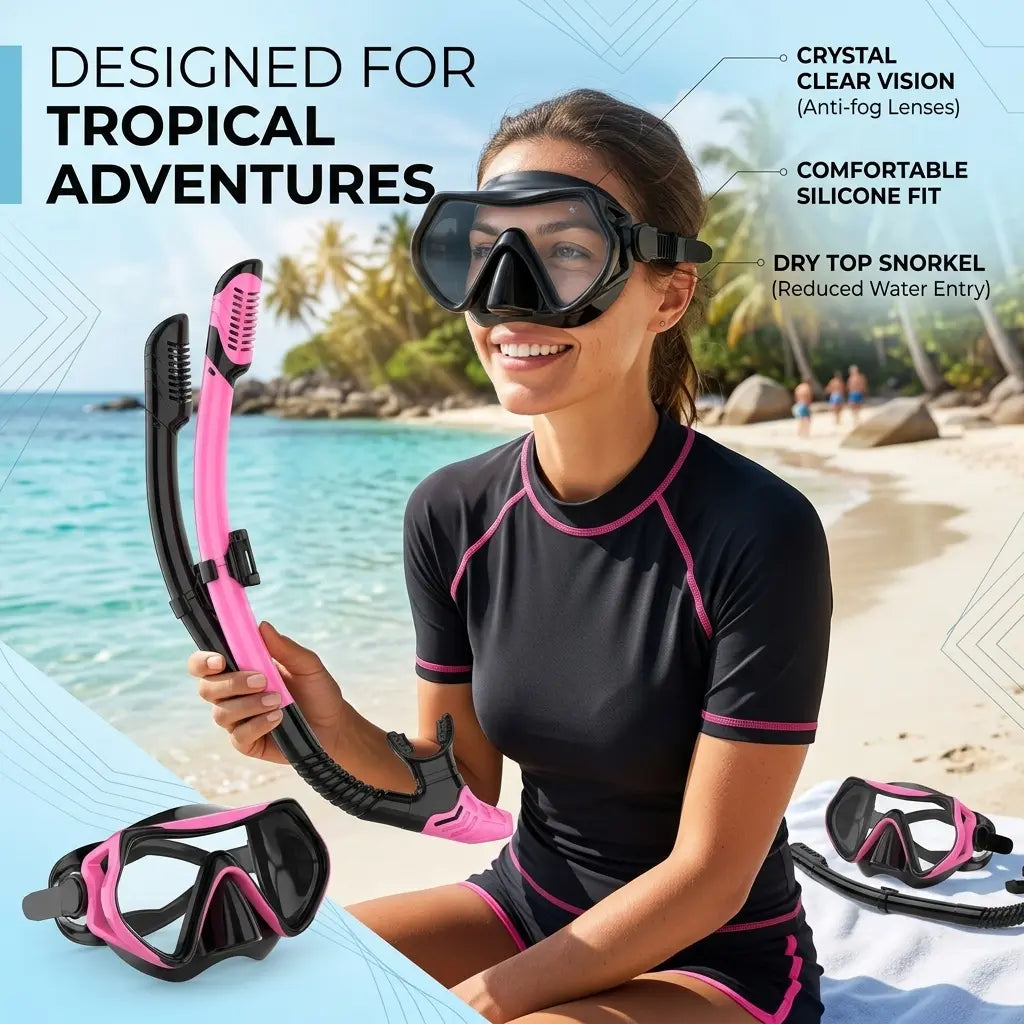 Jring Snorkeling Gear for Adults, Snorkel Mask with Top Dry Valve - Panoramic View Anti-Leak and Anti-Fog for Snorkeling, Scuba Diving, Freediving & Swimming for Men Women, Also Available as Swimming Goggles and Snorkel,Summerwins,Bathingsuitwomenset