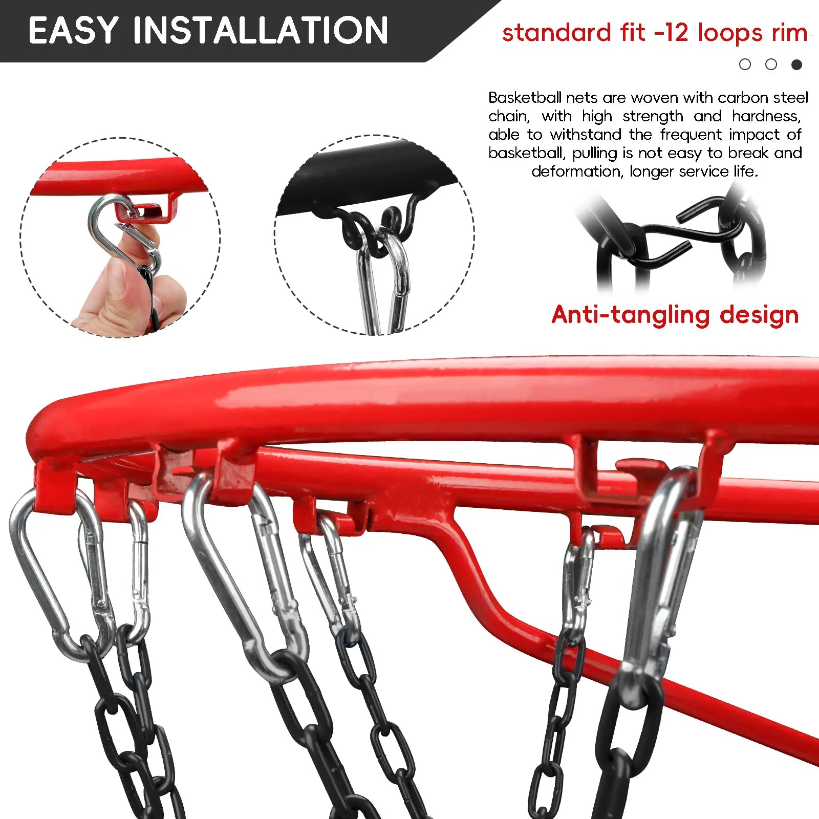 Black Basketball Net Heavy Duty Replacement,Carbon Steel Chain Basketball Net, Anti-Rust Use Indoor Outdoor Standard 12 Loops Basketball Hoop