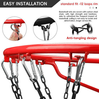 Black Basketball Net Heavy Duty Replacement,Carbon Steel Chain Basketball Net, Anti-Rust Use Indoor Outdoor Standard 12 Loops Basketball Hoop