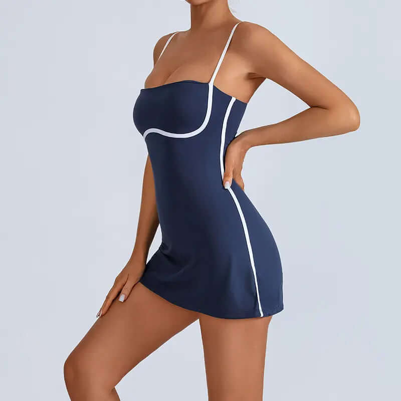 Women'S 2-Pcs Color-Blocking Athletic Dress & Anti-Glare Leggings Set - Chest Cushion, Workout Sets, Sport-Ready Compression Wear for Tennis, Yoga in navy blue.