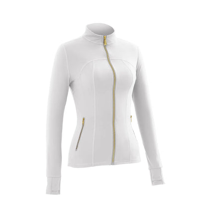 Gold Zipper Thumb Hole Yoga Jacket Women Slim Full Zip Workout Coat Zipper Pocket Fitness Activewear, Top & Leggings Separate Sale Backtoschool