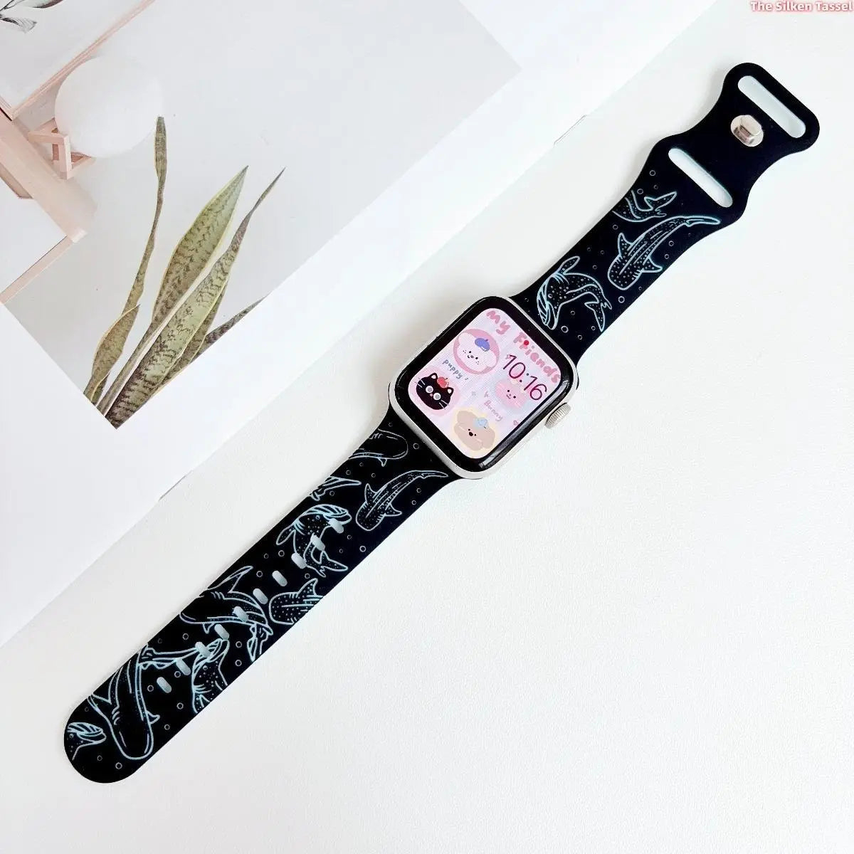 Ocean Whale Shark Dolphin Silicone Strap for Apple Watch Ultra Series 1-11 SE, Black Base Marine Animal Printed Sport Watch Band, Adjustable Lightweight Summer Beach Wrist Accessory Smartwatch Compatible Bands Tiktokshopbacktoschool