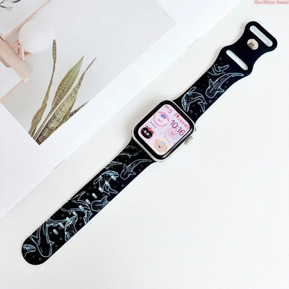 Ocean Whale Shark Dolphin Silicone Strap for Apple Watch Ultra Series 1-11 SE, Black Base Marine Animal Printed Sport Watch Band, Adjustable Lightweight Summer Beach Wrist Accessory Smartwatch Compatible Bands Tiktokshopbacktoschool