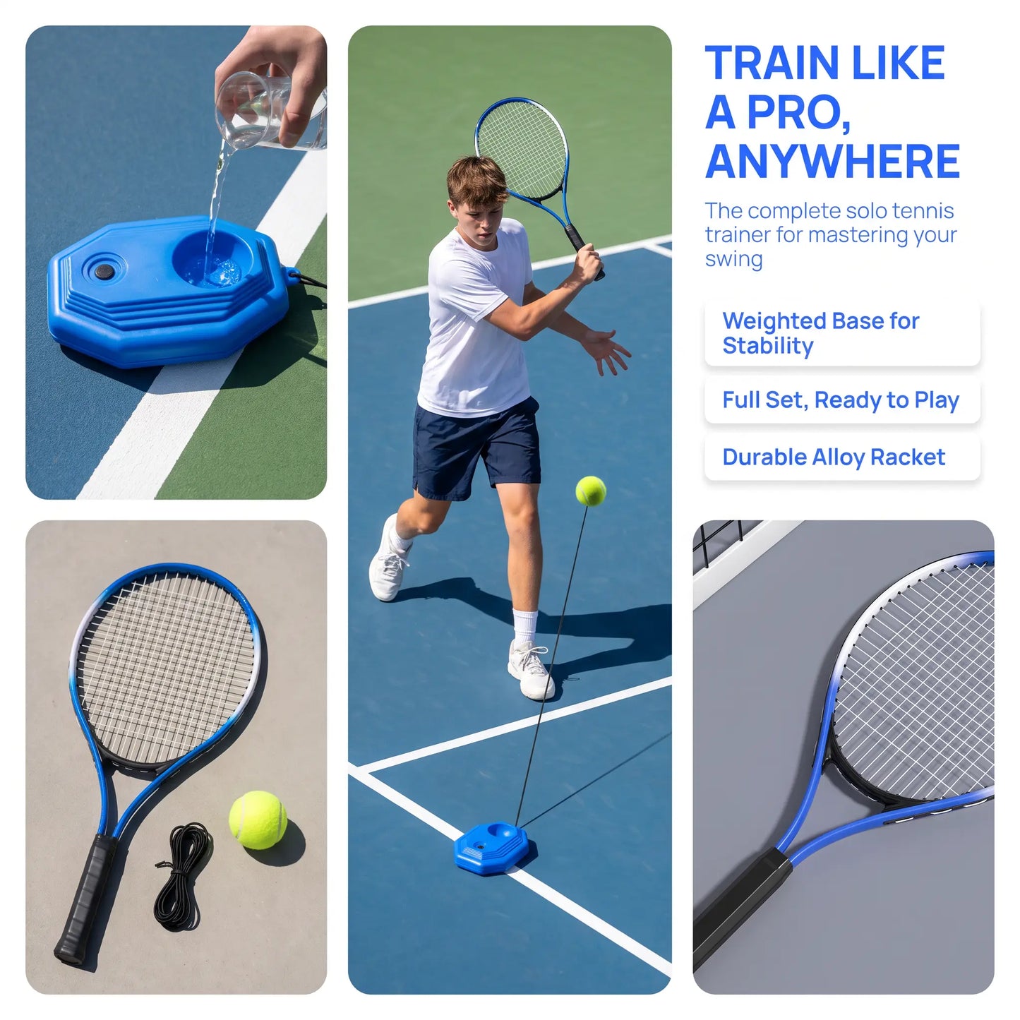 【Summerwins】Portable Tennis Trainer for Outdoor Sports, Self-Study Rebound Base with Racket and Ball, Lightweight