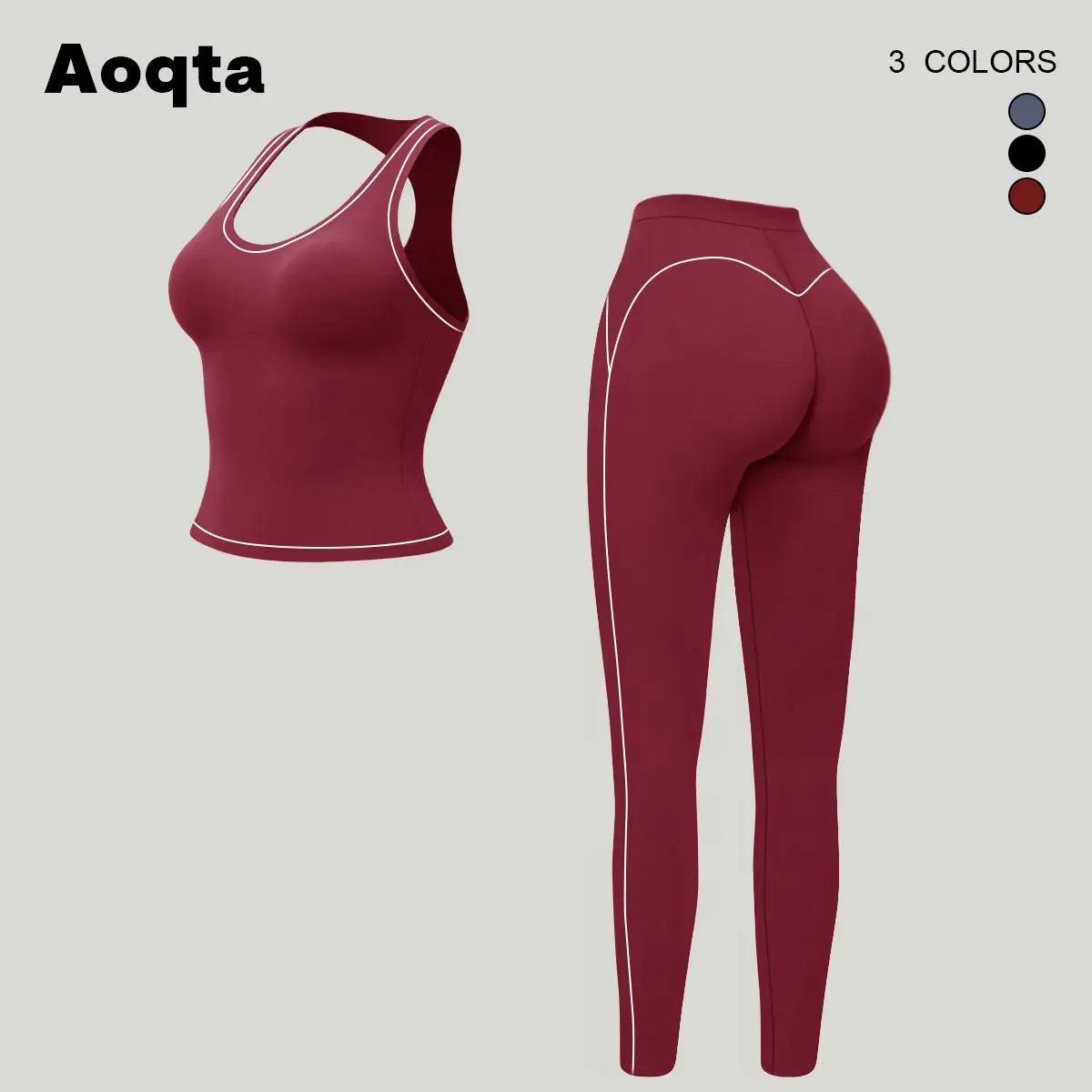 Aoqta Women'S 2-Piece Female Workout Set, V-Neck Racerback Tank Top, High Waist Butt Lifting Pants with Contrast Trim for Gym, Yoga