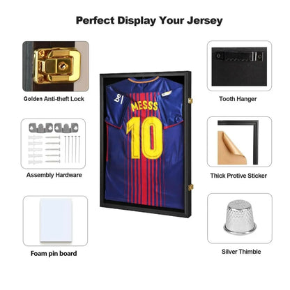 Jersey Frame Display Case Lockable UV Protection Shadow Box for Football Basketball Baseball Soccer Hockey Sports Shirt-Memorabilia Autograph Uniform Wall Mountable Black Wood(Goldlock)