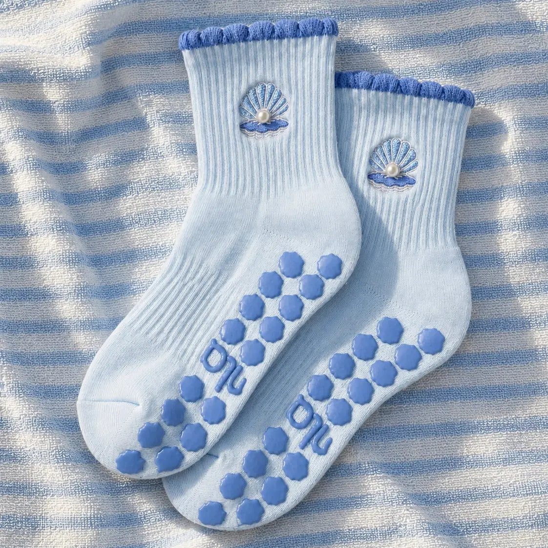 The Pearl Embellished Embroidery Grip Sock with Blue Shell-Inspired Grips for Pilates, Barre, Lagree, and Yoga