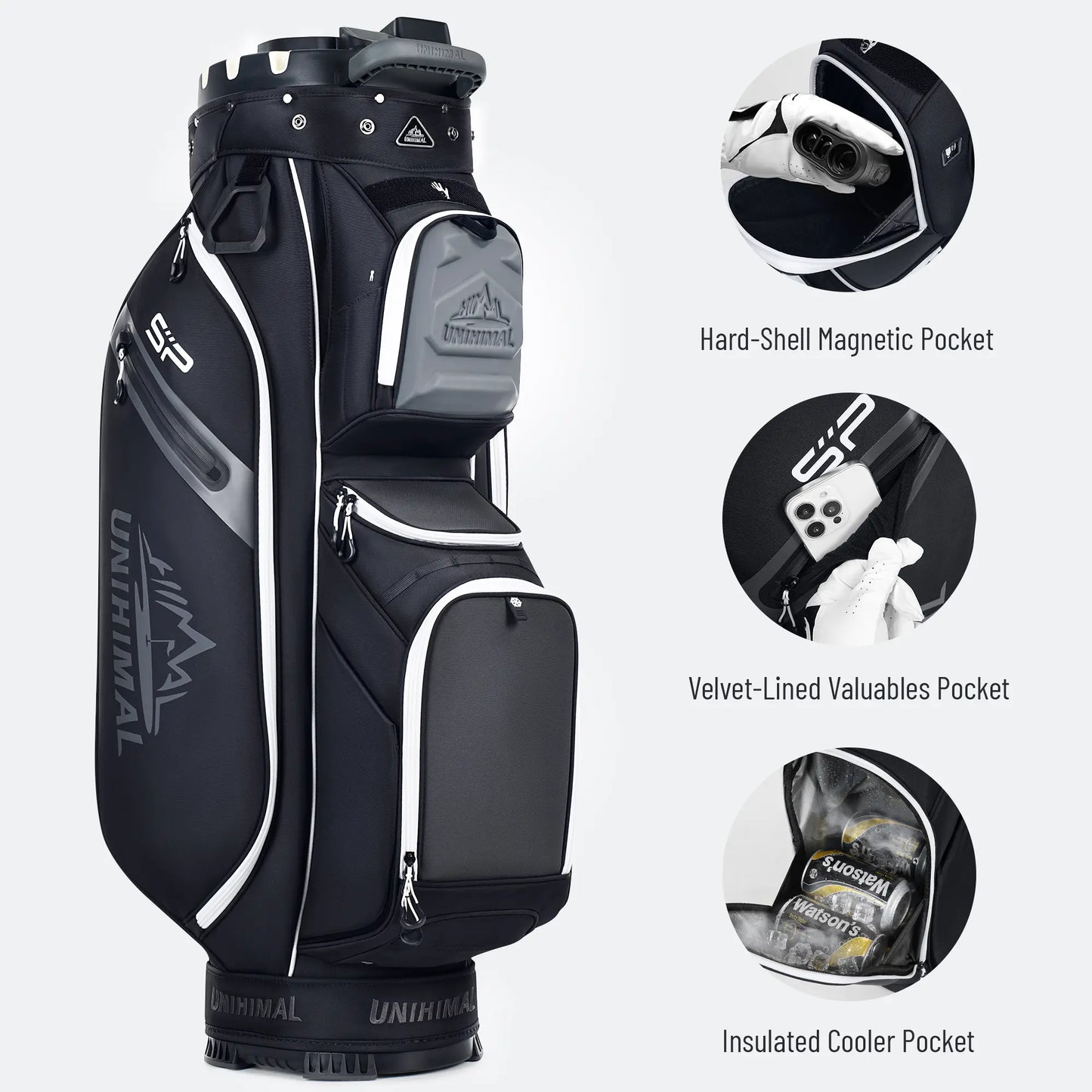 【Dealsforyoudays】Unihimal Silent 14-Way Full Length Divider Golf Cart Bag (Golf Gear for All Ages) - Waterproof Knit Composite Fabric, 9 Storage Pockets, Magnetic Rangefinder Pocket, S-Lock Anti-Tangle Club System, Lightweight Ergonomic Shoulder Strap, Kn