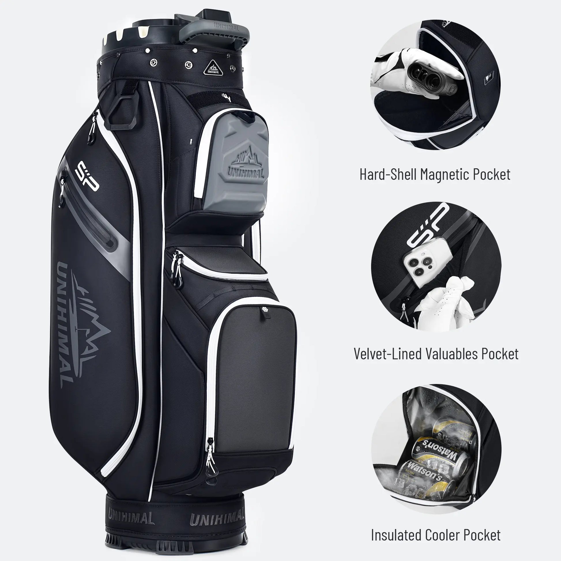 【Dealsforyoudays】Unihimal Silent 14-Way Full Length Divider Golf Cart Bag (Golf Gear for All Ages) - Waterproof Knit Composite Fabric, 9 Storage Pockets, Magnetic Rangefinder Pocket, S-Lock Anti-Tangle Club System, Lightweight Ergonomic Shoulder Strap, Kn