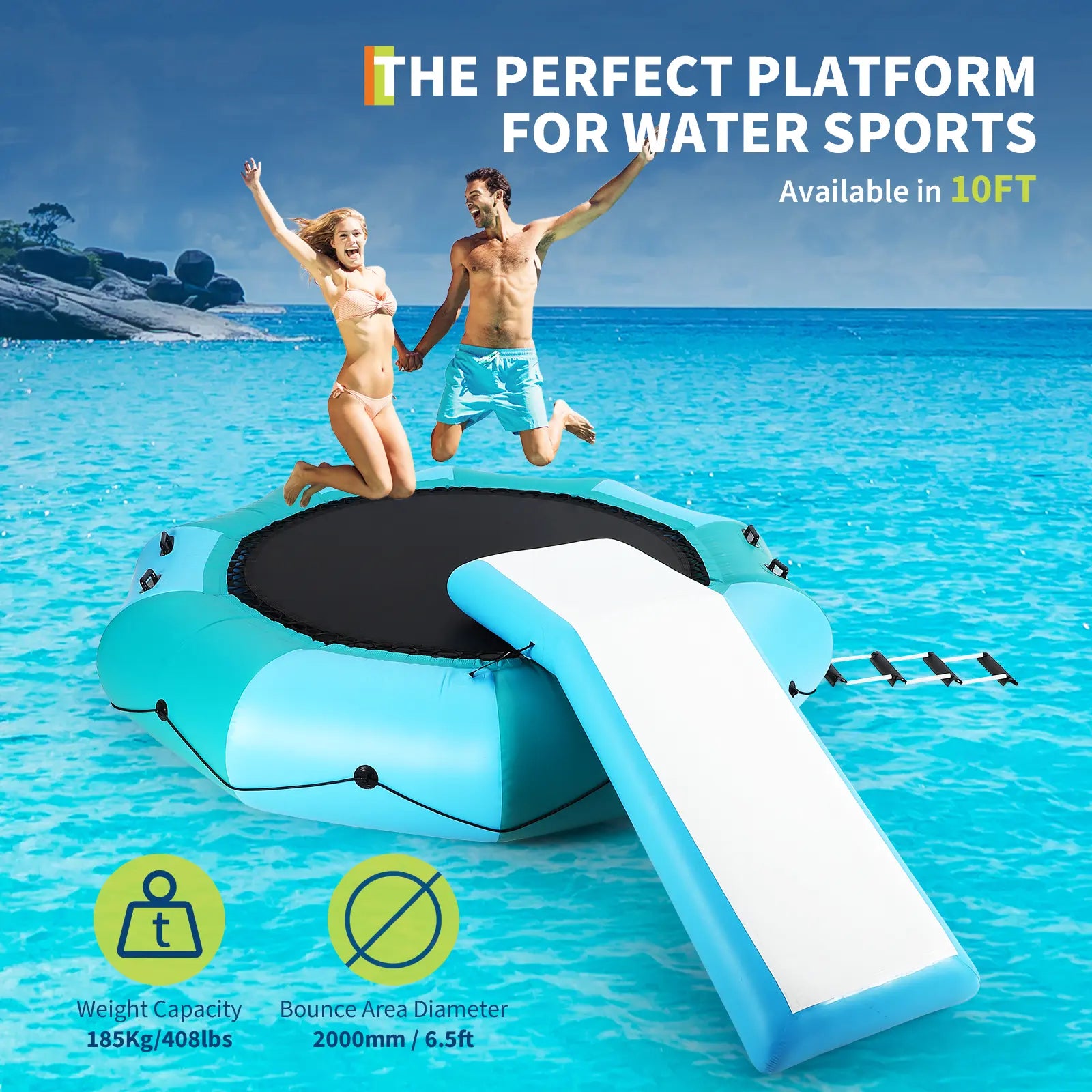 10Ft Inflatable Water Trampoline with Slide & Ladder, Heavy Duty Water Bouncer for Lake & Pool, Inflatable Swim Platform with 600W Powerful Pump, Summer Water Party Fun Summergarden