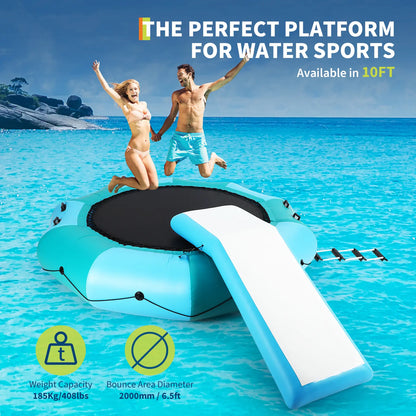 10Ft Inflatable Water Trampoline with Slide & Ladder, Heavy Duty Water Bouncer for Lake & Pool, Inflatable Swim Platform with 600W Powerful Pump, Summer Water Party Fun Summergarden