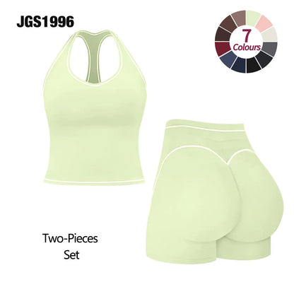 JGS1996 Women'S 2-Piece Activewear Clothing Sets – Contrast Trim Crop Sports Bra & High Waist Skinny Gym Shorts, High Stretch Breathable Quick Dry Tracksuit with Spaghetti Strap Backless Design for Yoga Workout Summer All Seasons