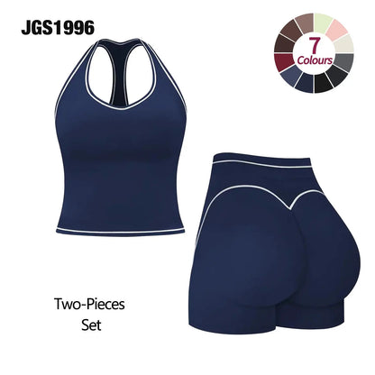 JGS1996 Women'S 2-Piece Activewear Clothing Sets – Contrast Trim Crop Sports Bra & High Waist Skinny Gym Shorts, High Stretch Breathable Quick Dry Tracksuit with Spaghetti Strap Backless Design for Yoga Workout Summer All Seasons