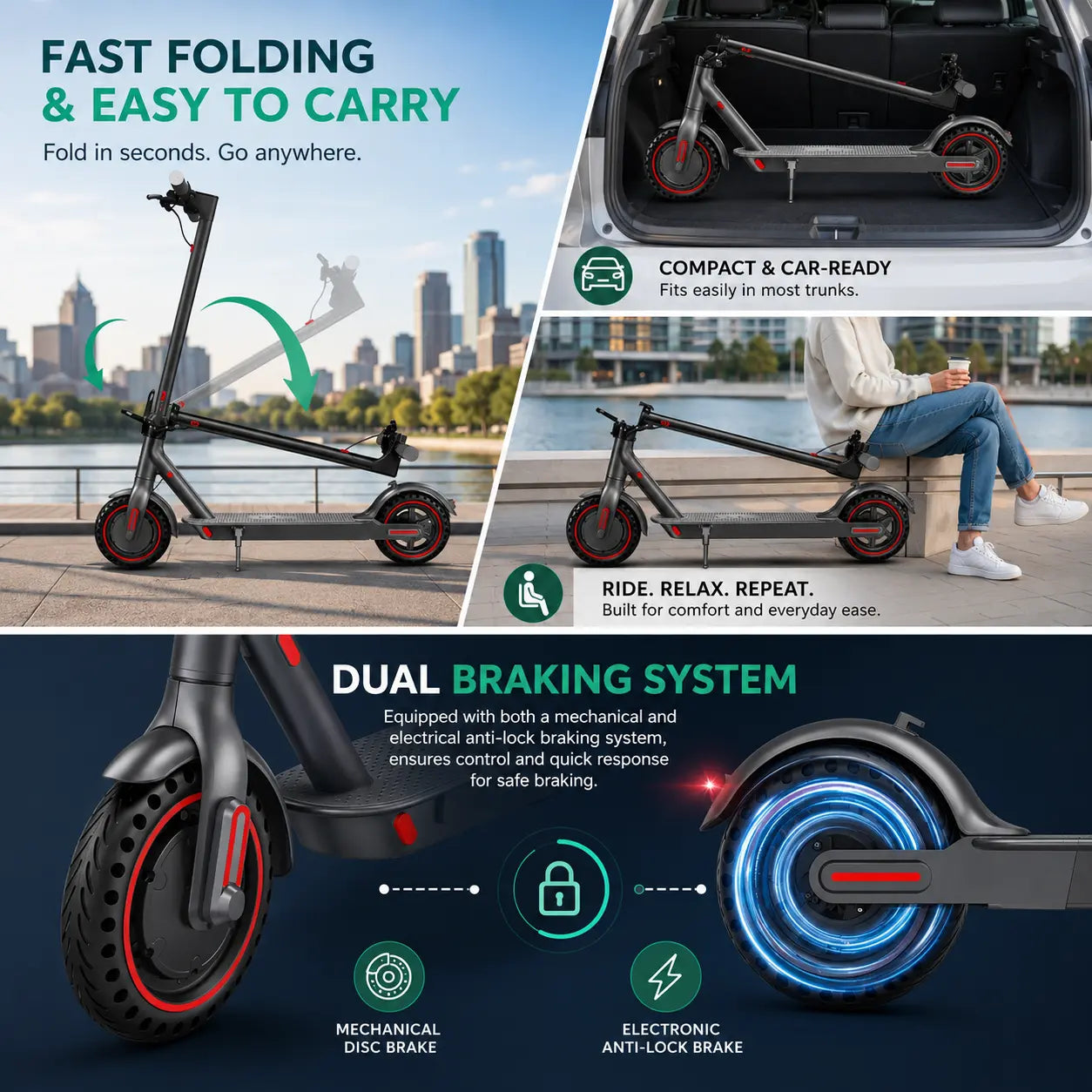 350W --Foldable Electric Scooter for Adults, 19MPH Top Speed 15 Mile Range, IP64 Waterproof Commuter E-Scooter, Smart APP Control, Dual EABS Drum Brakes, One Step Fold Aluminum Frame Max 265LBS Load