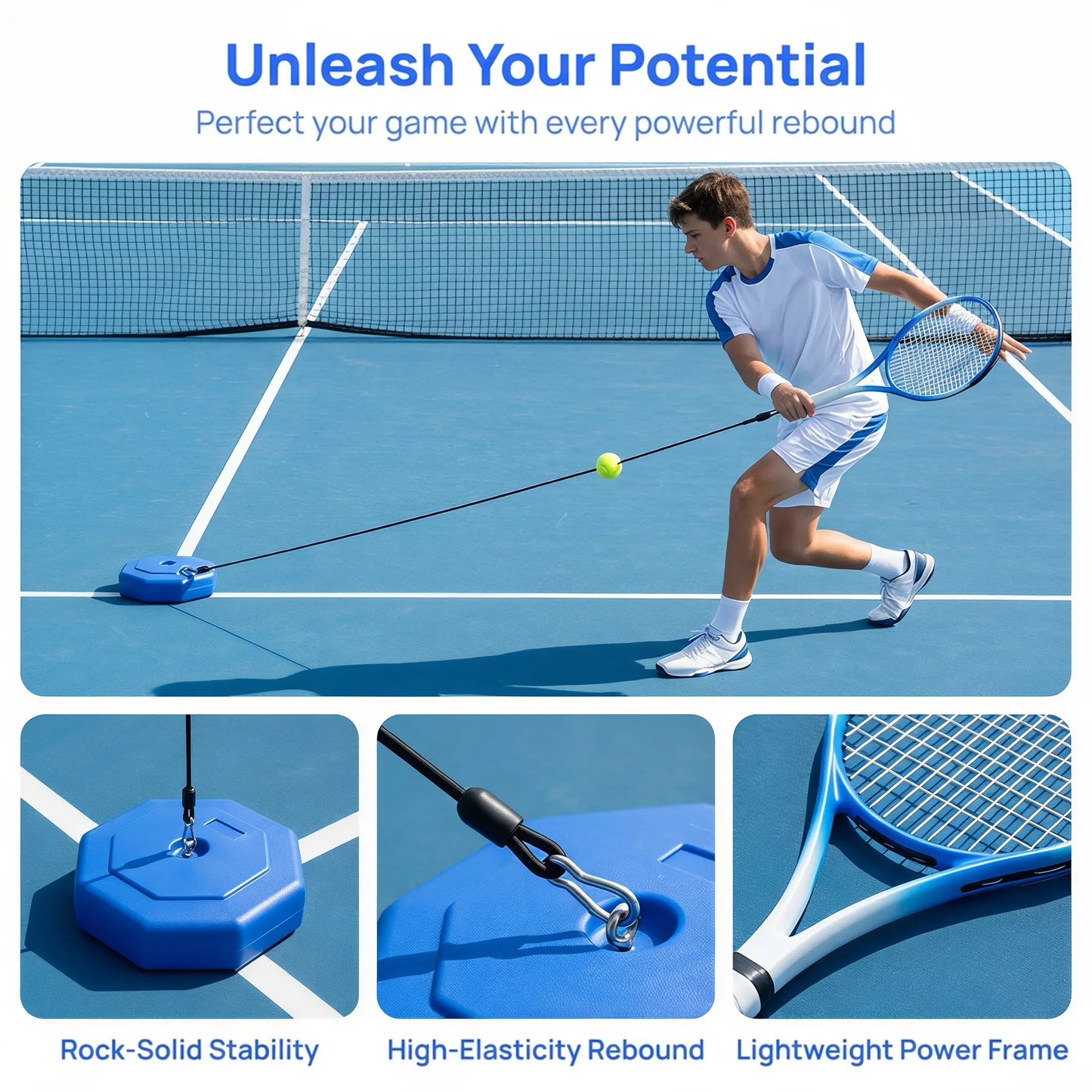 【Summerwins】Portable Tennis Trainer for Outdoor Sports, Self-Study Rebound Base with Racket and Ball, Lightweight