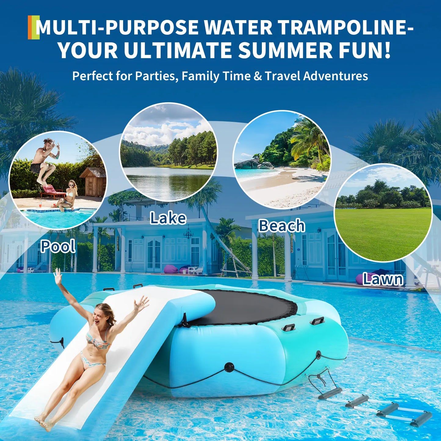 10Ft Inflatable Water Trampoline with Slide & Ladder, Heavy Duty Water Bouncer for Lake & Pool, Inflatable Swim Platform with 600W Powerful Pump, Summer Water Party Fun Summergarden