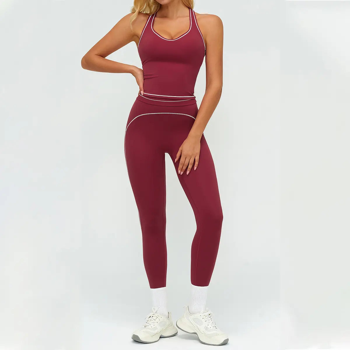 Aoqta Women'S 2-Piece Female Workout Set, V-Neck Racerback Tank Top, High Waist Butt Lifting Pants with Contrast Trim for Gym, Yoga