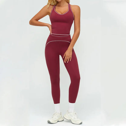 Aoqta Women'S 2-Piece Female Workout Set, V-Neck Racerback Tank Top, High Waist Butt Lifting Pants with Contrast Trim for Gym, Yoga