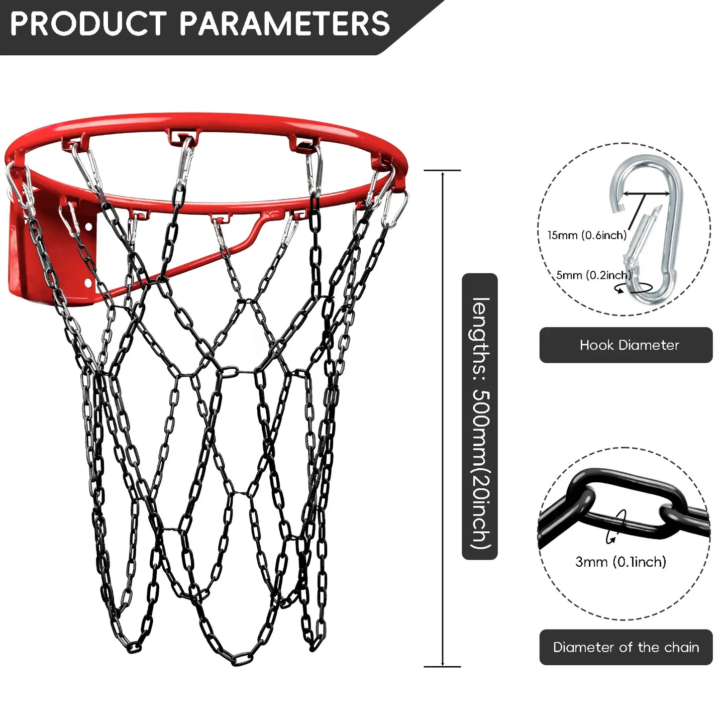 Black Basketball Net Heavy Duty Replacement,Carbon Steel Chain Basketball Net, Anti-Rust Use Indoor Outdoor Standard 12 Loops Basketball Hoop