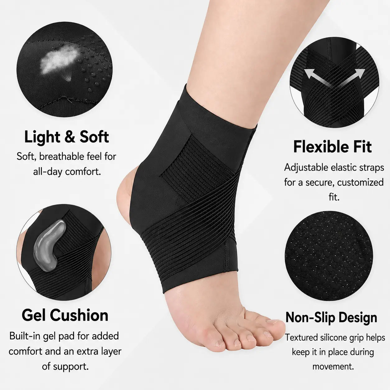 Athletic Ankle Support Sleeve - Ultra-Thin, Lightweight, Breathable, Supportive Wrap, Comfortable, Adjustable Compression, Non-Slip Silicone Grip for Running, Fitness, Black L-XL, Solid, Ankle Stability, Compression Wrap