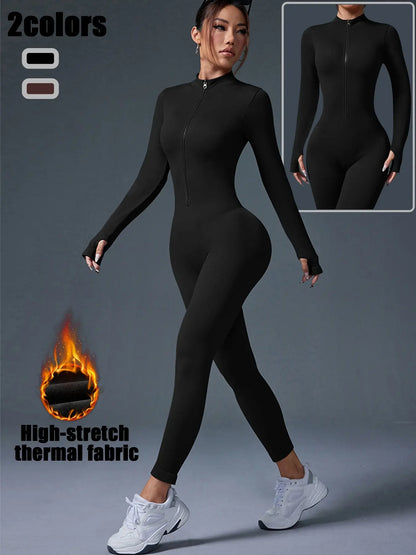 Women'S Sports Crew Neck Long-Sleeve Yoga Bodysuit, Slim-Fitting Knee-Length Knitted Jumpsuit, Suitable for All-Season Wear, Casual and Fashionable Clothing, Athleisure Style, Workout Jumpsuit, Sportswear Jumpsuit, Yoga Workout Jumpsuits