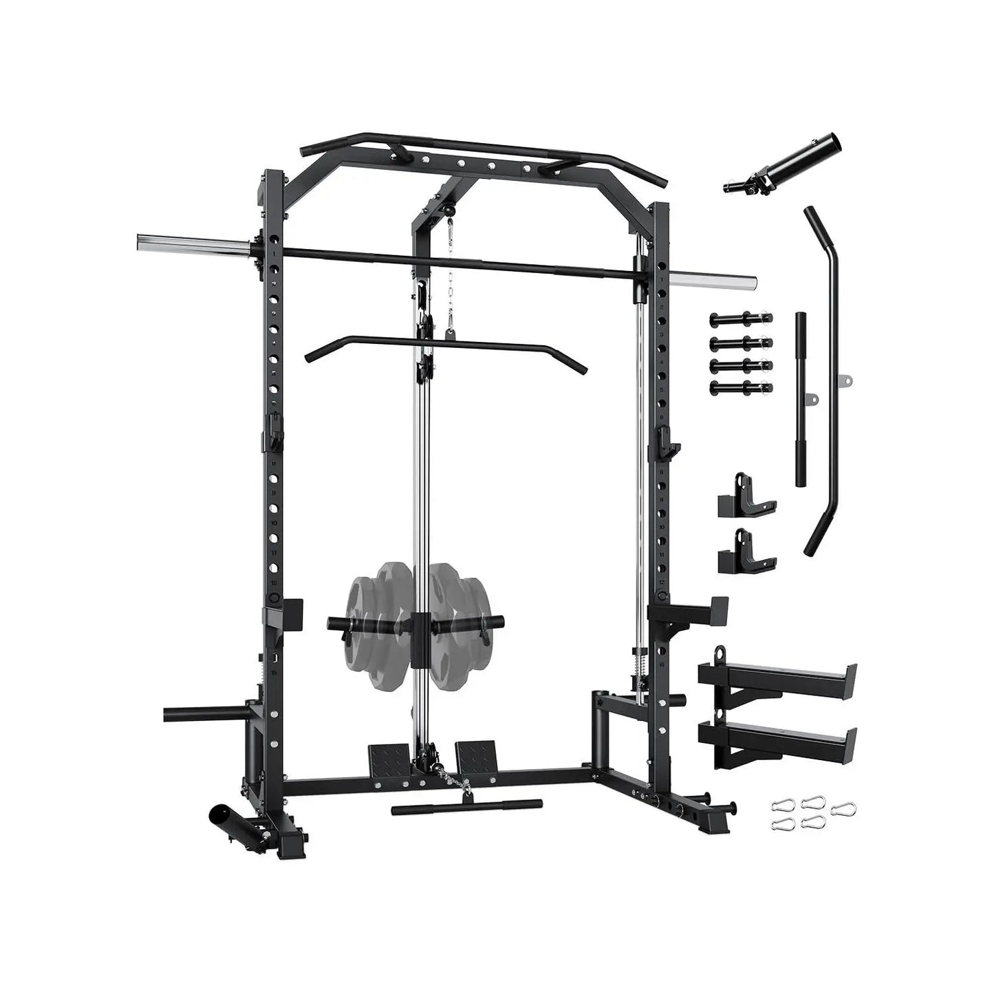 Heavy Duty Smith Machine Power Cage - Integrated Cable Pulley & Lat Pulldown System - Barbell, Safety Spotter Arms, J Hooks, Landmine - Full Body Home Gym Strength Training Equipment(2 Boxes)