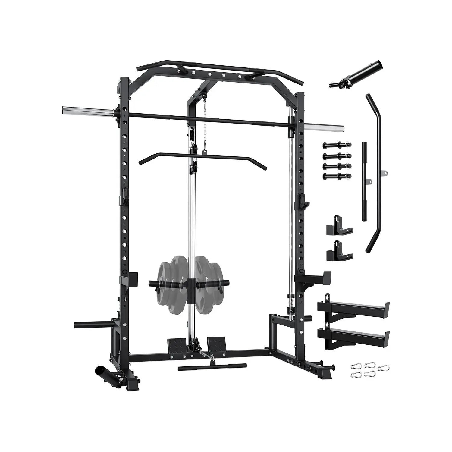 Heavy Duty Smith Machine Power Cage - Integrated Cable Pulley & Lat Pulldown System - Barbell, Safety Spotter Arms, J Hooks, Landmine - Full Body Home Gym Strength Training Equipment(2 Boxes)