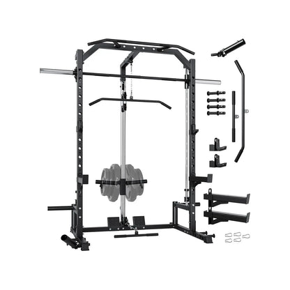 Heavy Duty Smith Machine Power Cage - Integrated Cable Pulley & Lat Pulldown System - Barbell, Safety Spotter Arms, J Hooks, Landmine - Full Body Home Gym Strength Training Equipment(2 Boxes)